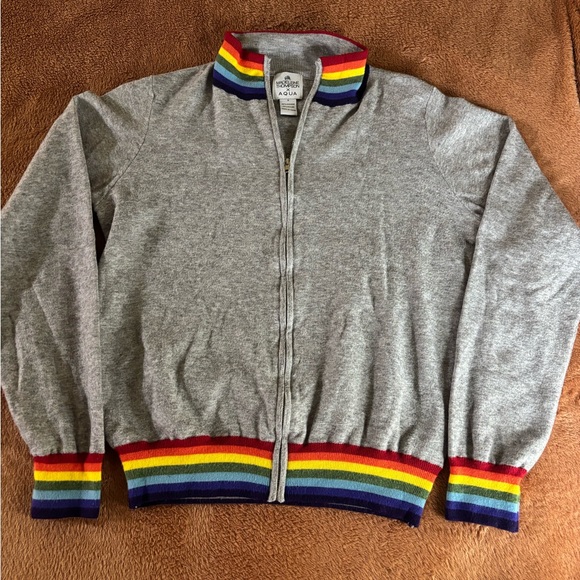 MADELEINE THOMPSON Sweaters - Madeleine Thompson x AQUA Gray Zip Sweater Rainbow Trim Small
